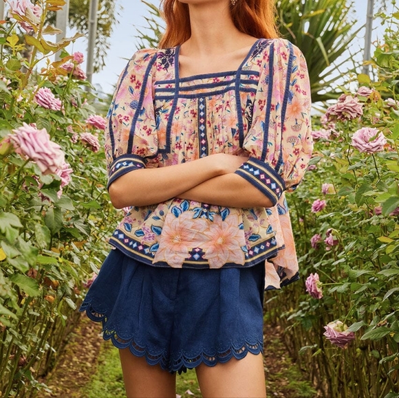Floral Blouse with Navy Accents - Picture 1 of 13